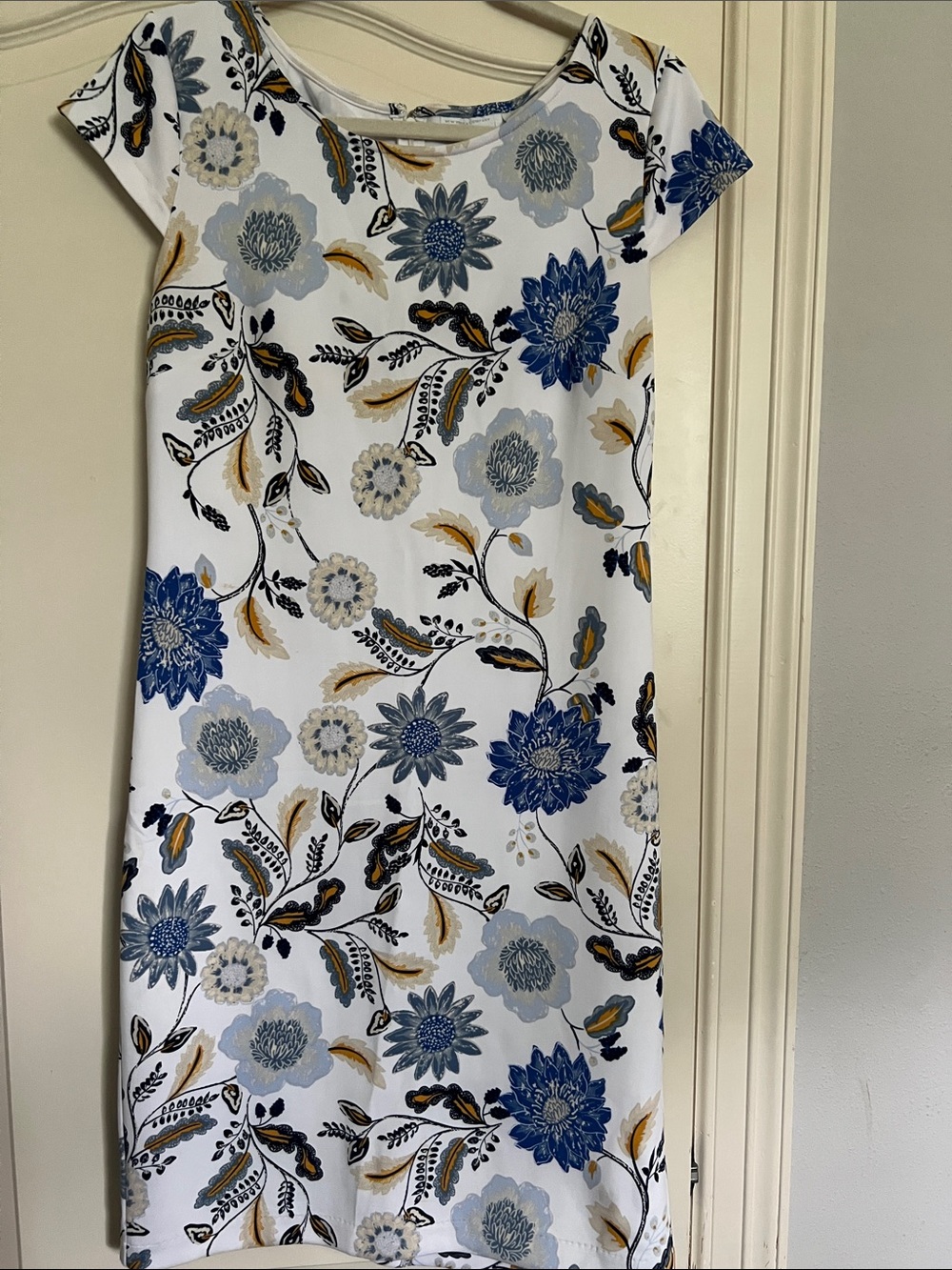 New York & Company White Midi Dress with Blue and Gold Floral Print